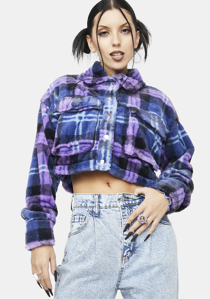 Fuzzy Plaid Cropped Jacket Purple Dolls Kill