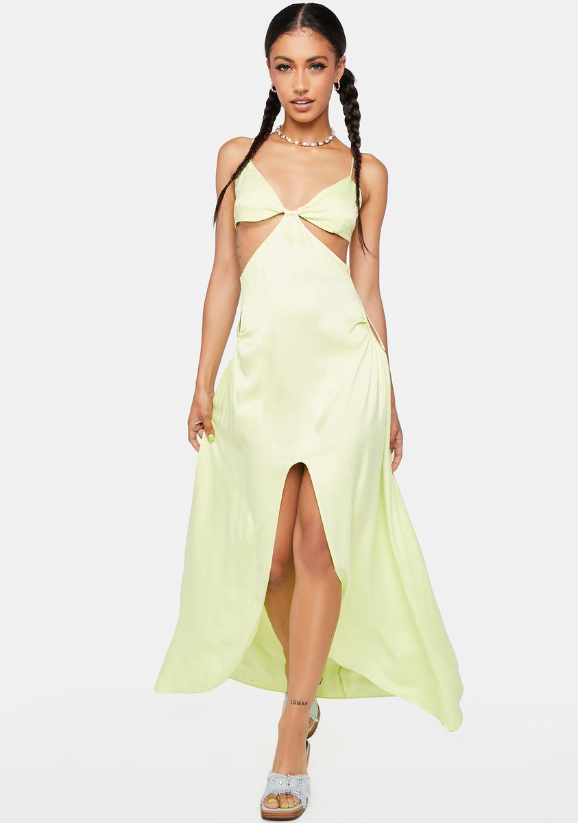 For Love & Lemons Cut Out Satin Slit Maxi Dress - Green Dolls Kill For Love & Lemons Cut Out Satin Slit Maxi Dress - Green Dolls Kill