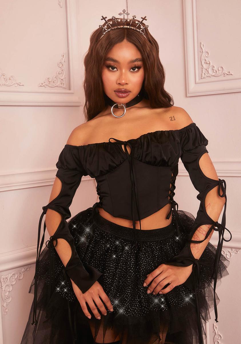 Sugar Thrillz Off The Shoulder Crop Top With Tied Up Sleeves - Black