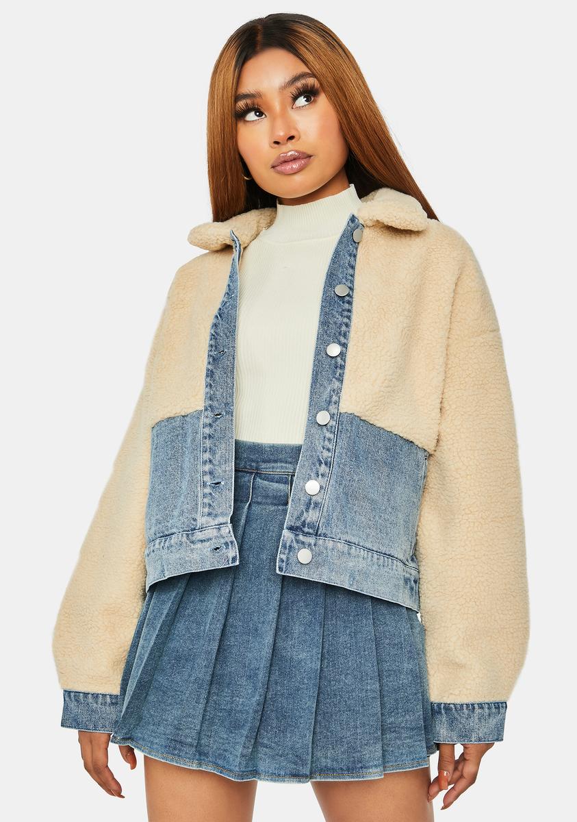 Half Sherpa Half Denim Button Up Jacket Blue – Dolls Kill