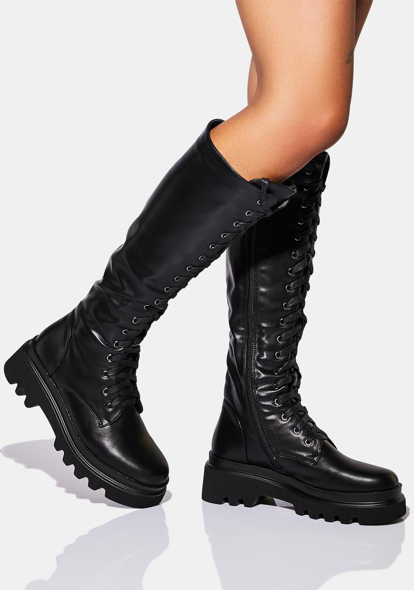 Vegan Leather Knee High Chunky Lace Up Boots – Dolls Kill
