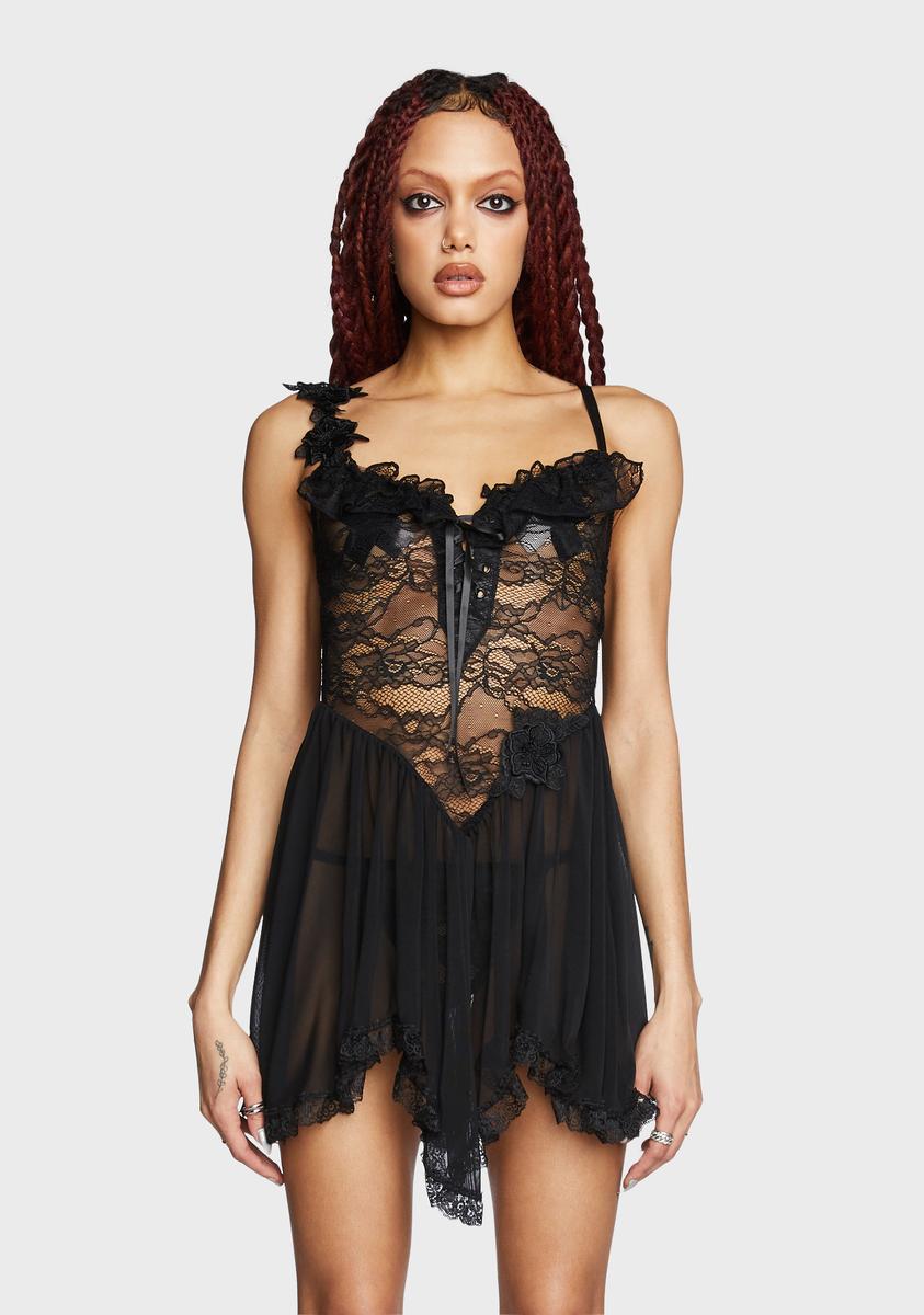 Widow Sheer Lace Dress And Thong Panty Set - Black