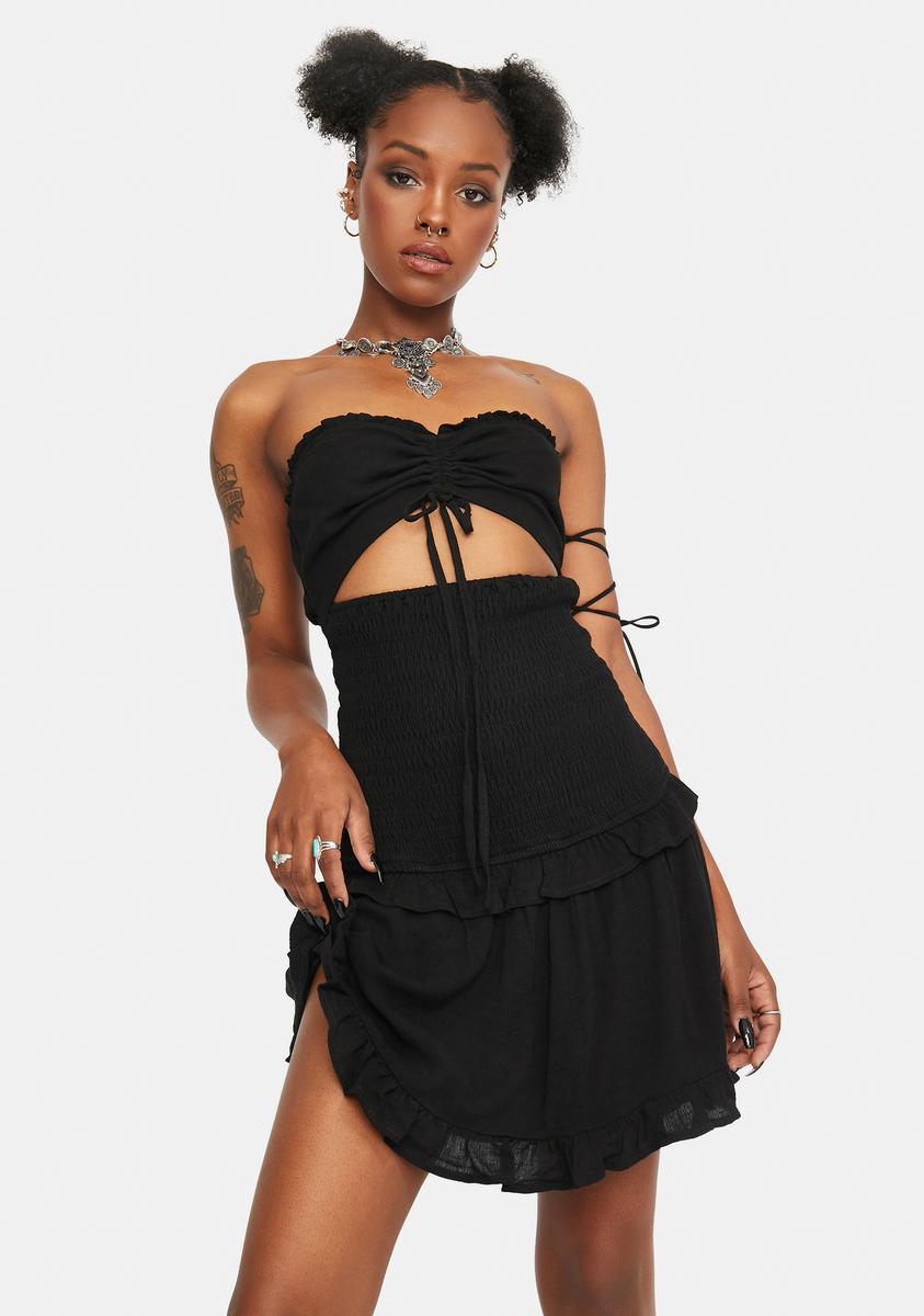 Ruffle Detail Smocked Strapless Mini Dress - Black Dolls Kill Ruffle Detail Smocked Strapless Mini Dress - Black Dolls Kill