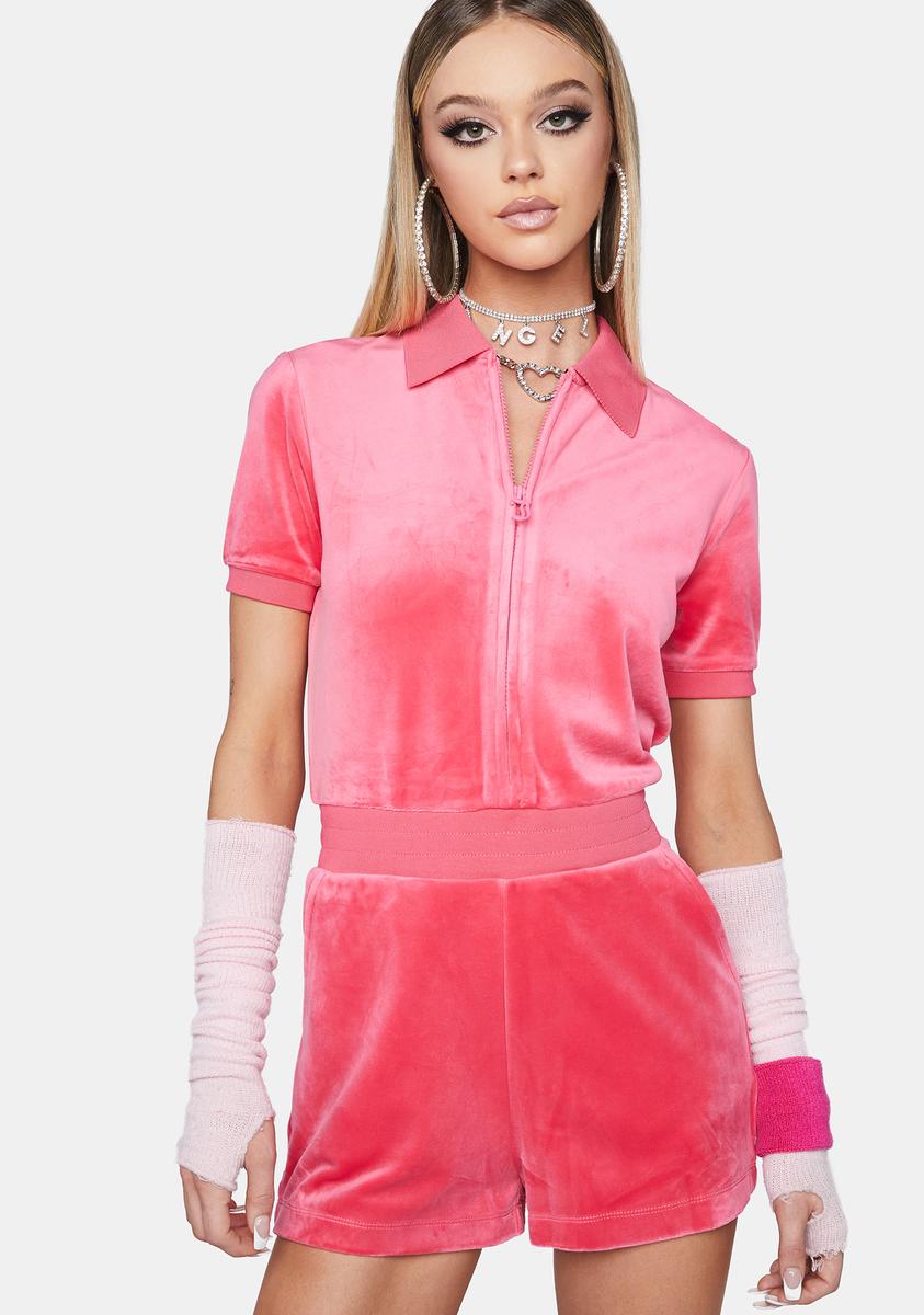 Juicy Couture Velour Rhinestone Romper Pink/Coral Spice – Dolls Kill