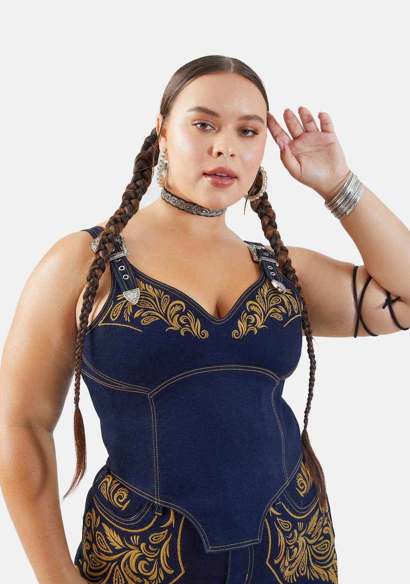 Plus Size Poster Grl Western Embroidered Denim Corset Top Indigo