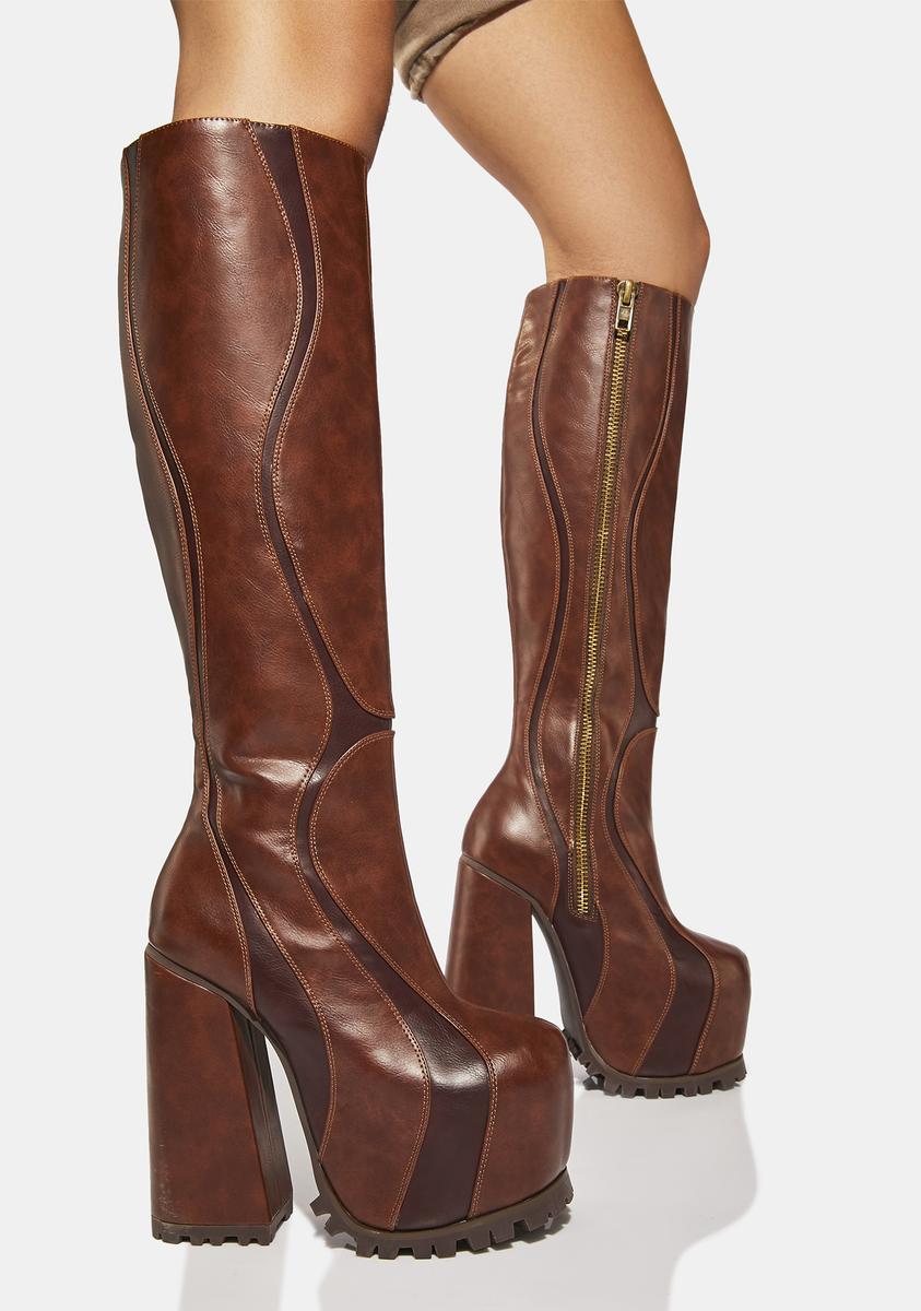 CrazycatZ Women's Bohemian Knee High Boots - Leather Flat Boots With Splicing Pattern, Brown, Size 11