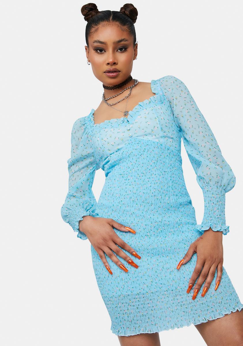 Sheer Floral Smocked Ruffle Sweetheart Mini Dress