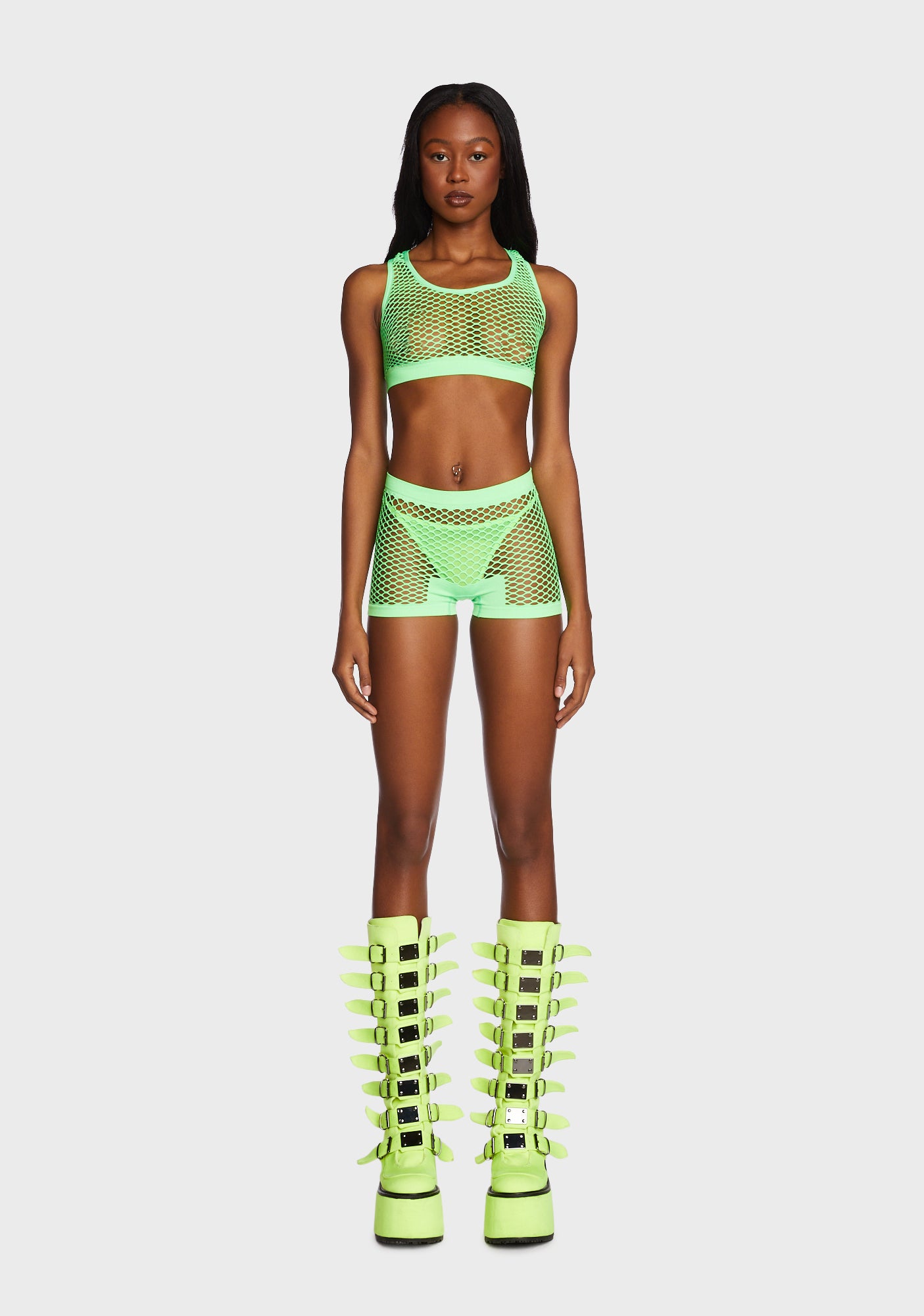 Seamless Fishnet Crop Top And Shorts Set Neon Green – Dolls Kill