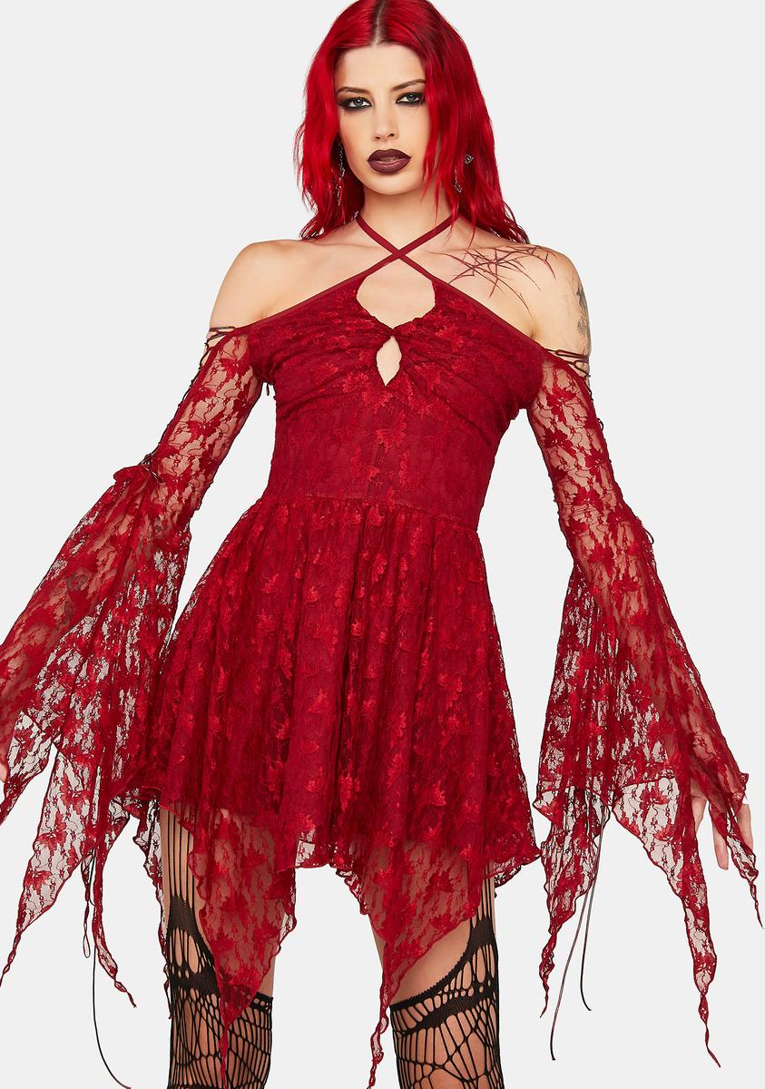 Dark In Love Lace Mini Dress W/ Sleeves - Red Dolls Kill Dark In Love Lace Mini Dress W/ Sleeves - Red Dolls Kill