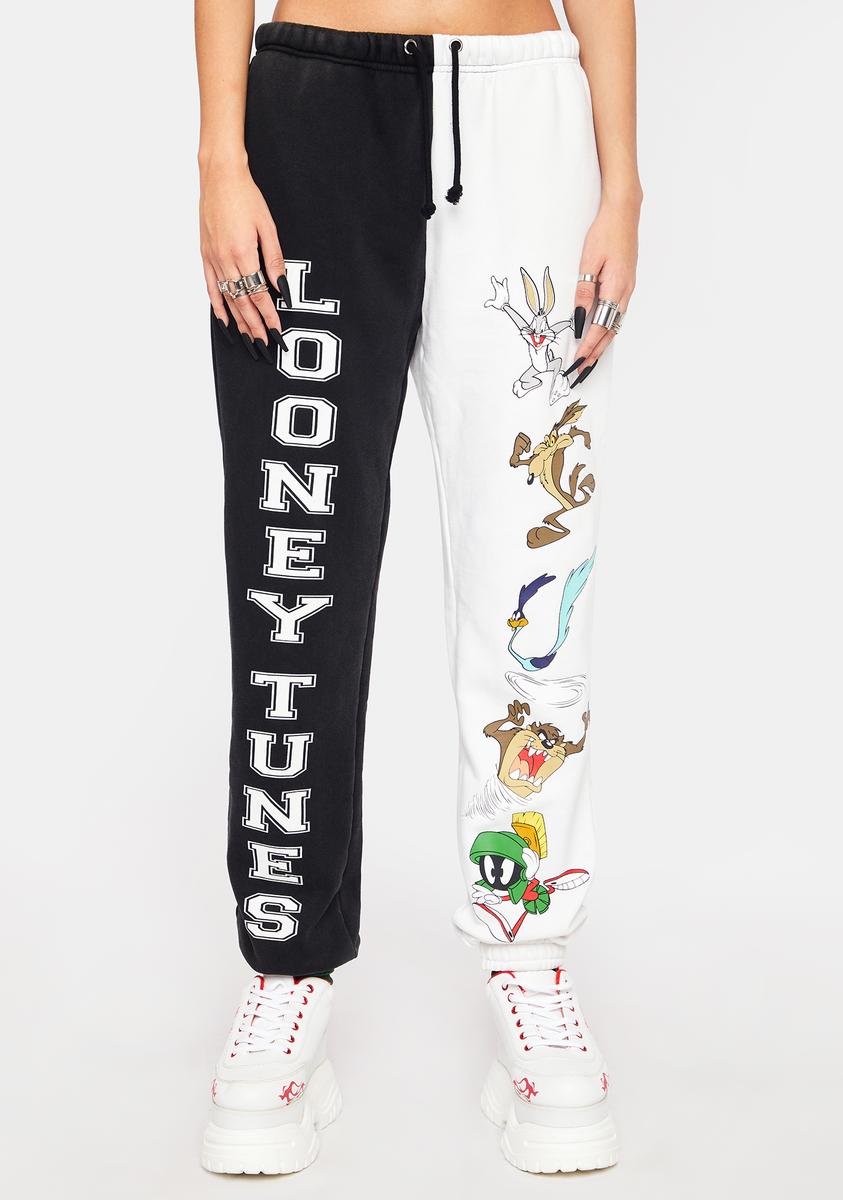 Dolls Kill X Looney Tunes Spliced Graphic Jogger Sweatpants Black White