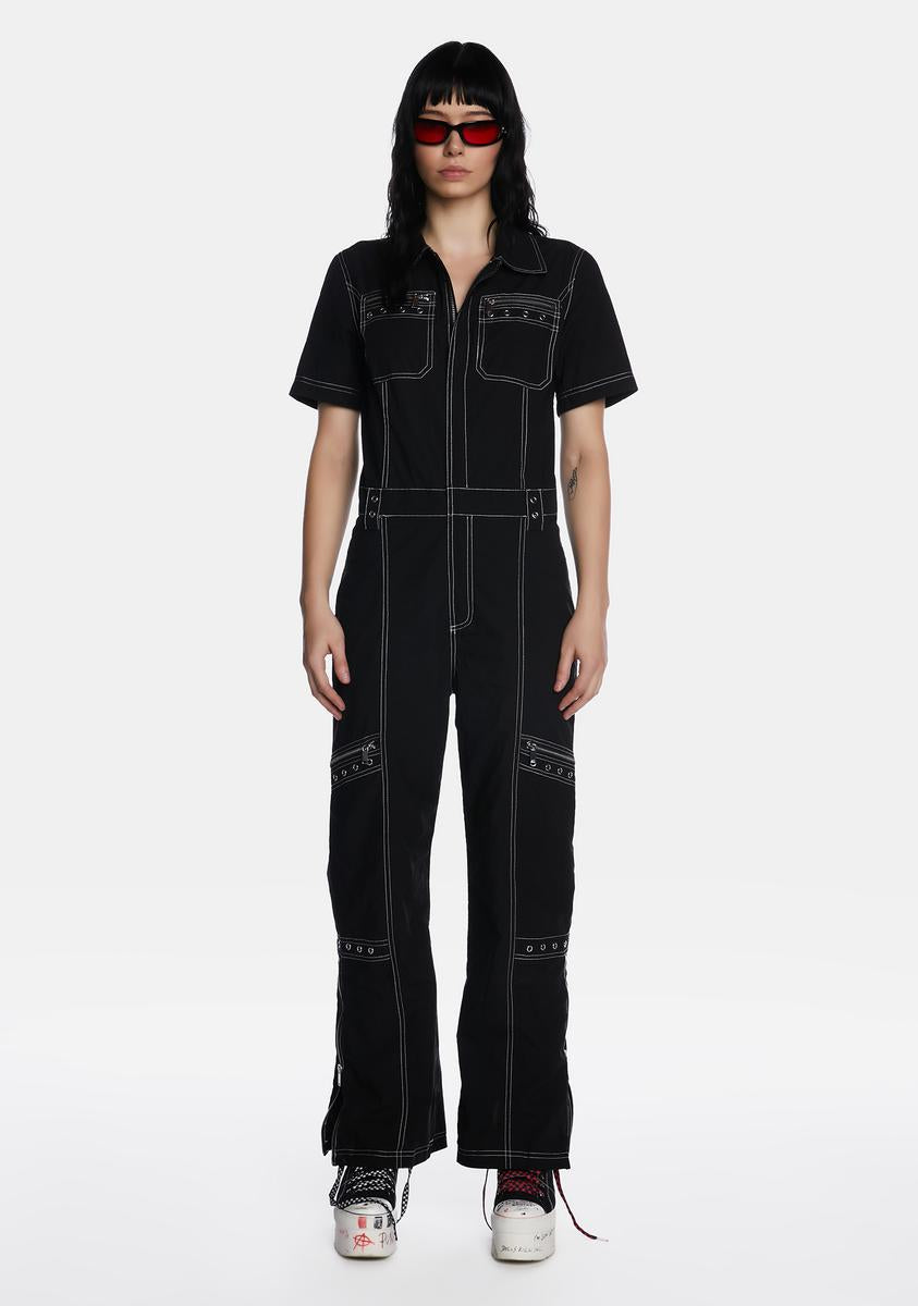 Current Mood Contrast Stitch Workwear Jumpsuit Black Dolls Kill