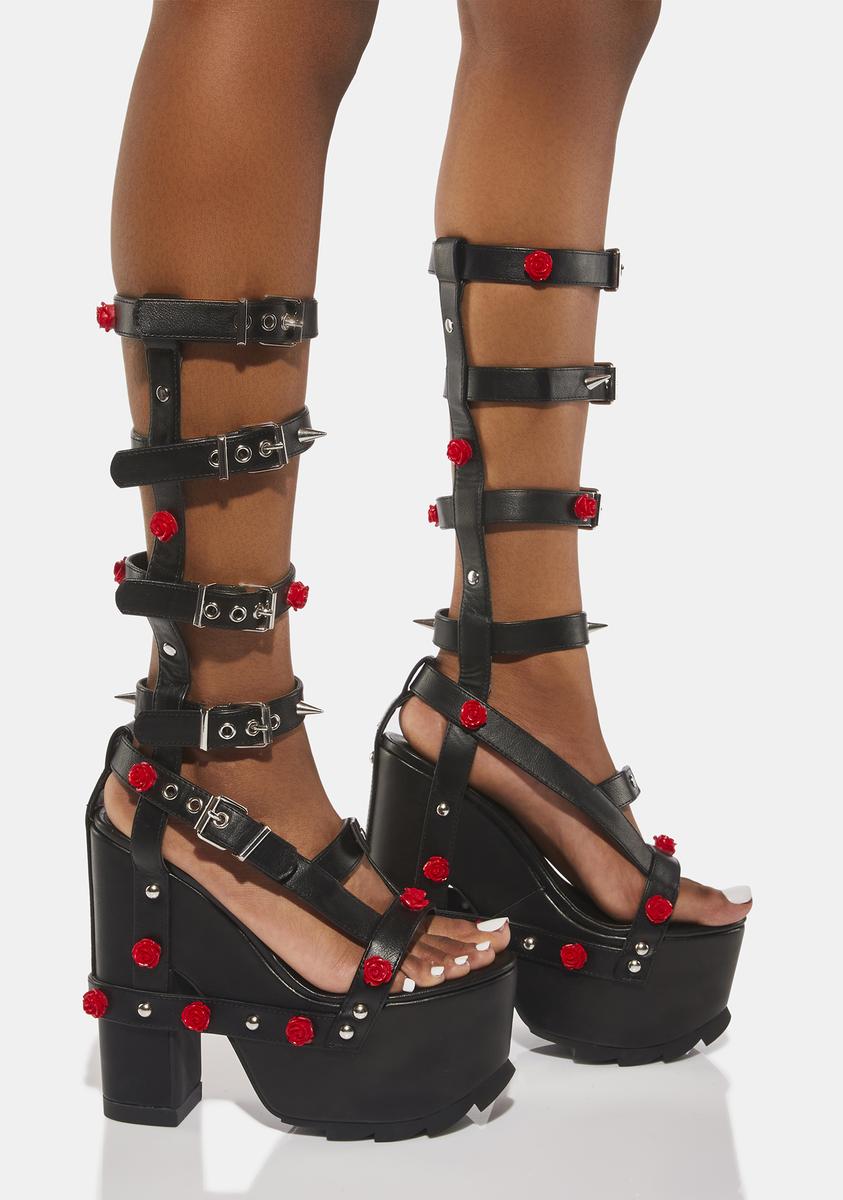 YRU Rose Spiked Strappy Buckle Platform Heels Black/Red/Silver