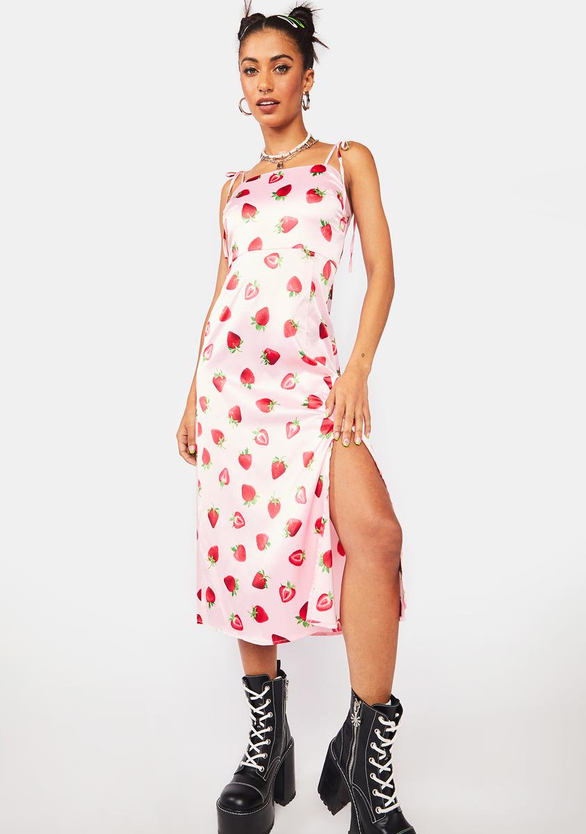 strawberry midi dress Dangerfield Satin Strawberry Midi Dress