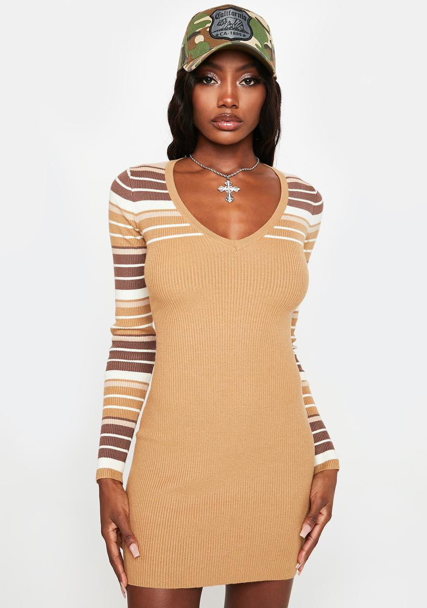 V-Neck Long Sleeve Striped Knit Mini Dress