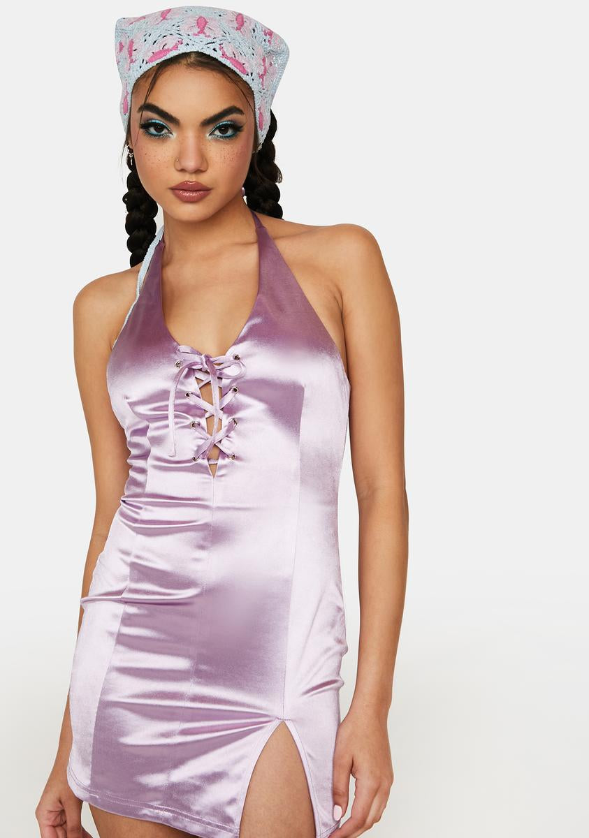 Satin V Neck Halter Lace Up Slit Mini Dress - Light Purple Lavender Dolls Kill Satin V Neck Halter Lace Up Slit Mini Dress - Light Purple Lavender Dolls Kill