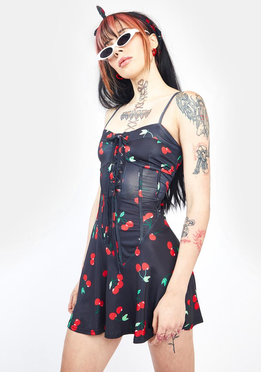Lace Up Cherry Print A Line Mini Dress - Red Black Lace Up Cherry Print A Line Mini Dress - Red Black