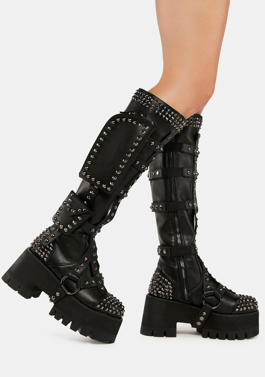 Club Exx Studded Knee High Platform Boots With Detachable