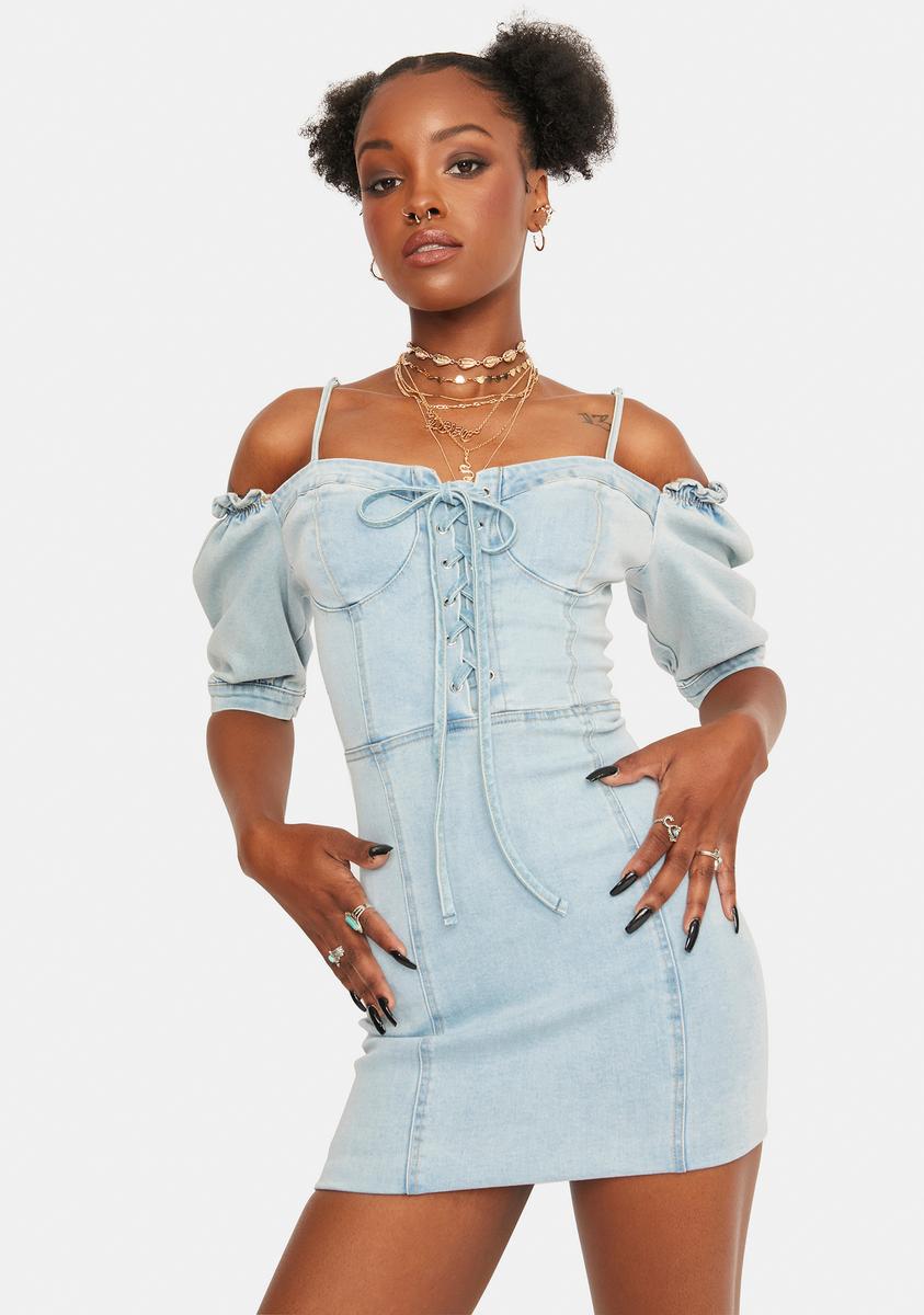 denim lace up dress Denim Lace Up Off The Shoulder Mini Dress – Dolls Kill