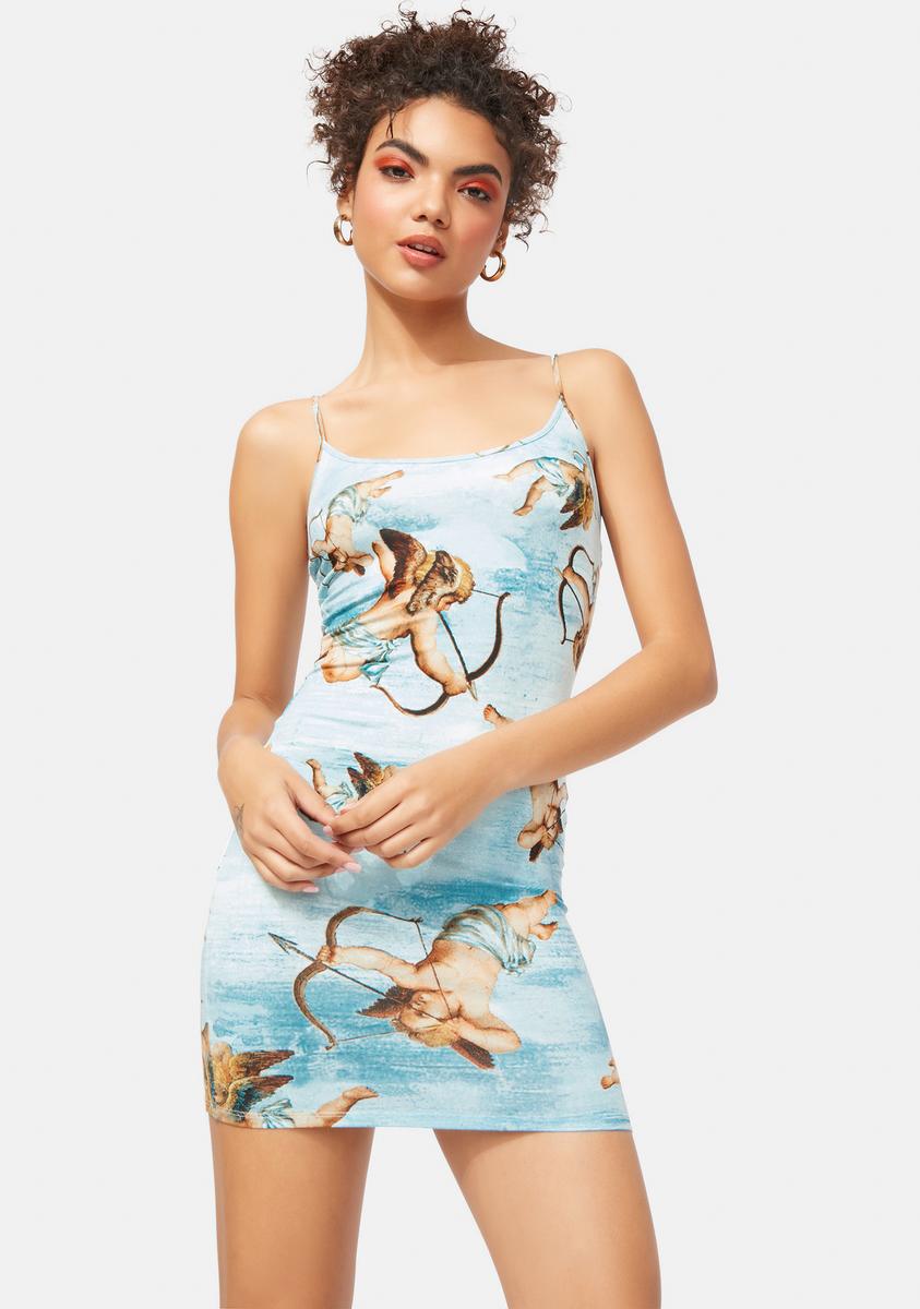 Angel Print Bodycon Dress - Blue Multi Dolls Kill Angel Print Bodycon Dress - Blue Multi Dolls Kill
