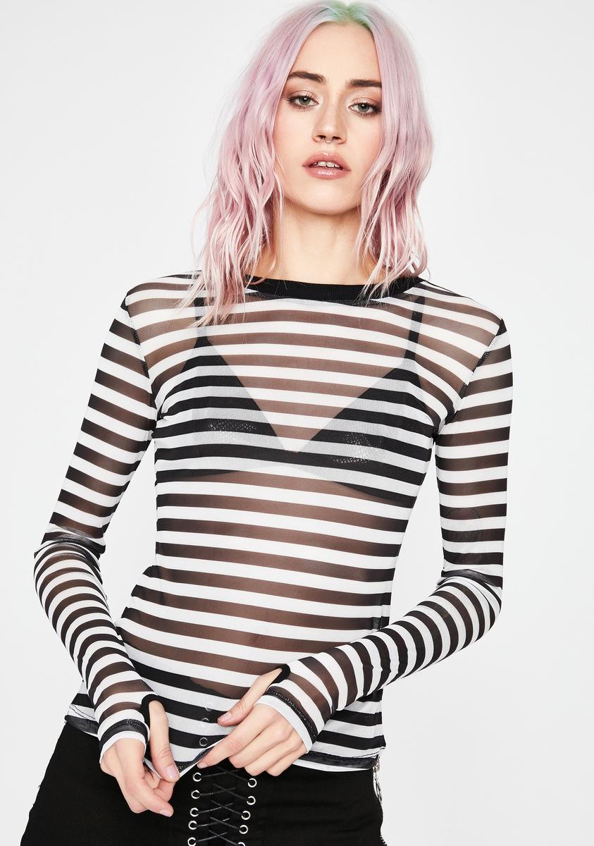 Black Striped Long Sleeves Mesh Top