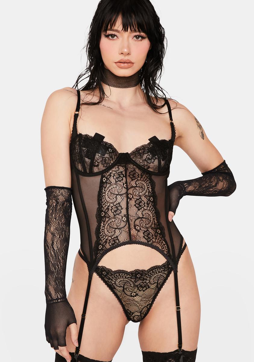 Lace Mesh Bra Corset Thong Garter Set