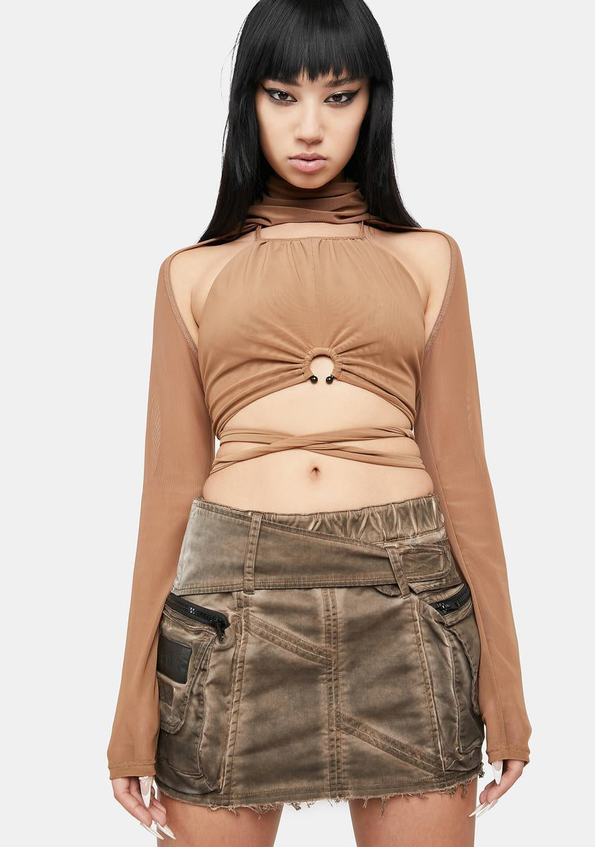 Darker Wavs Long Sleeve O Ring Wrap Top Brown Mesh – Dolls Kill