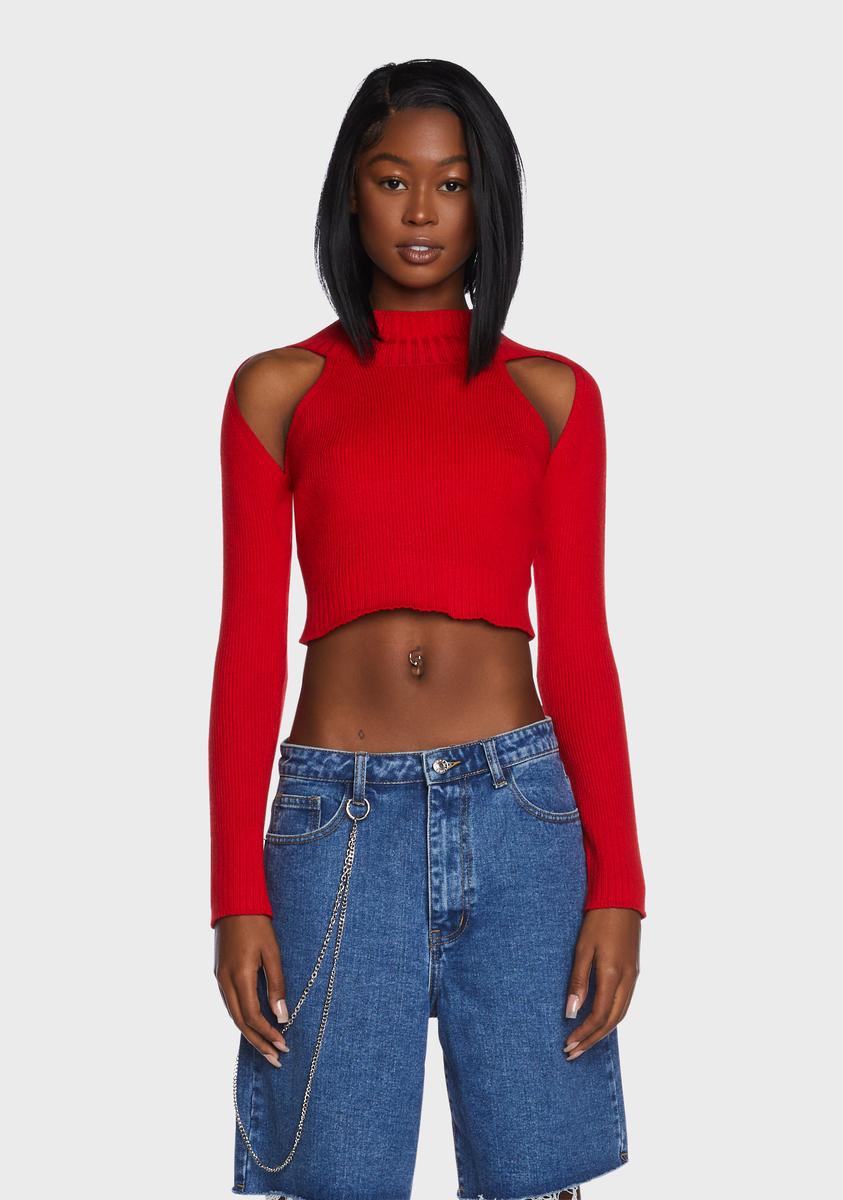 Cold Shoulder Knit Cropped Sweater Red – Dolls Kill