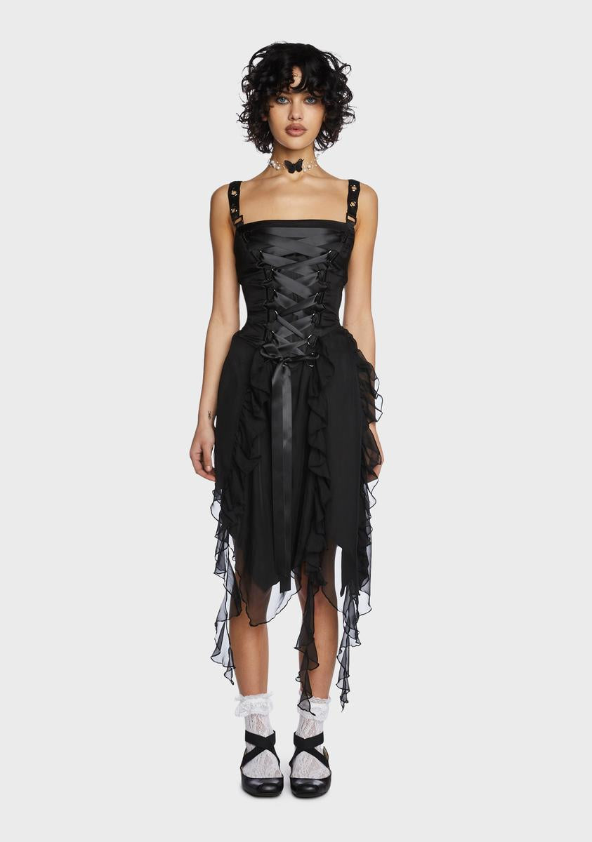Current Mood Lace Up Ruffle Asymmetric Midi Dress - Black