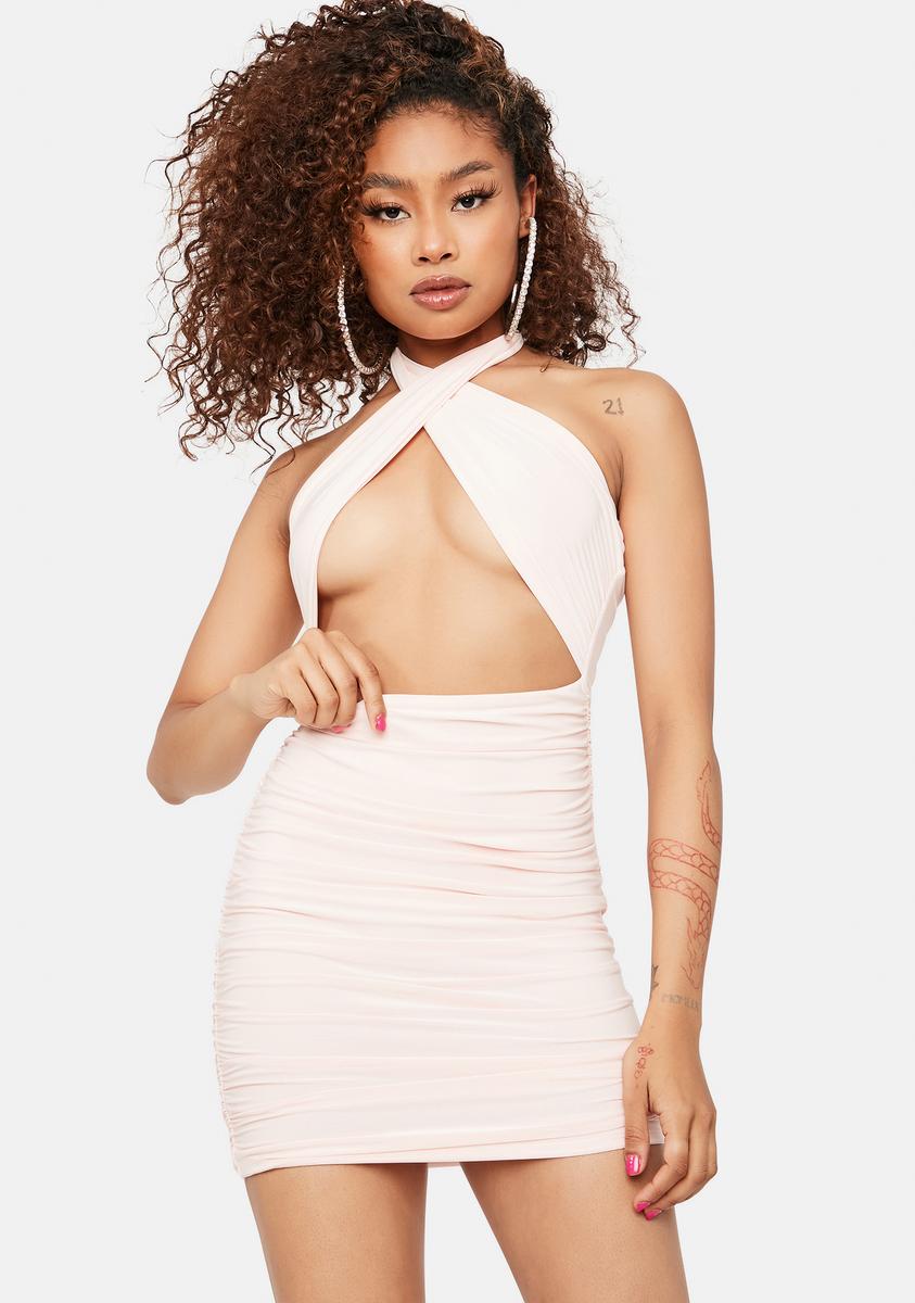Criss Cross Halter Ruched Mini Dress - Rose Pink Dolls Kill Criss Cross Halter Ruched Mini Dress - Rose Pink Dolls Kill