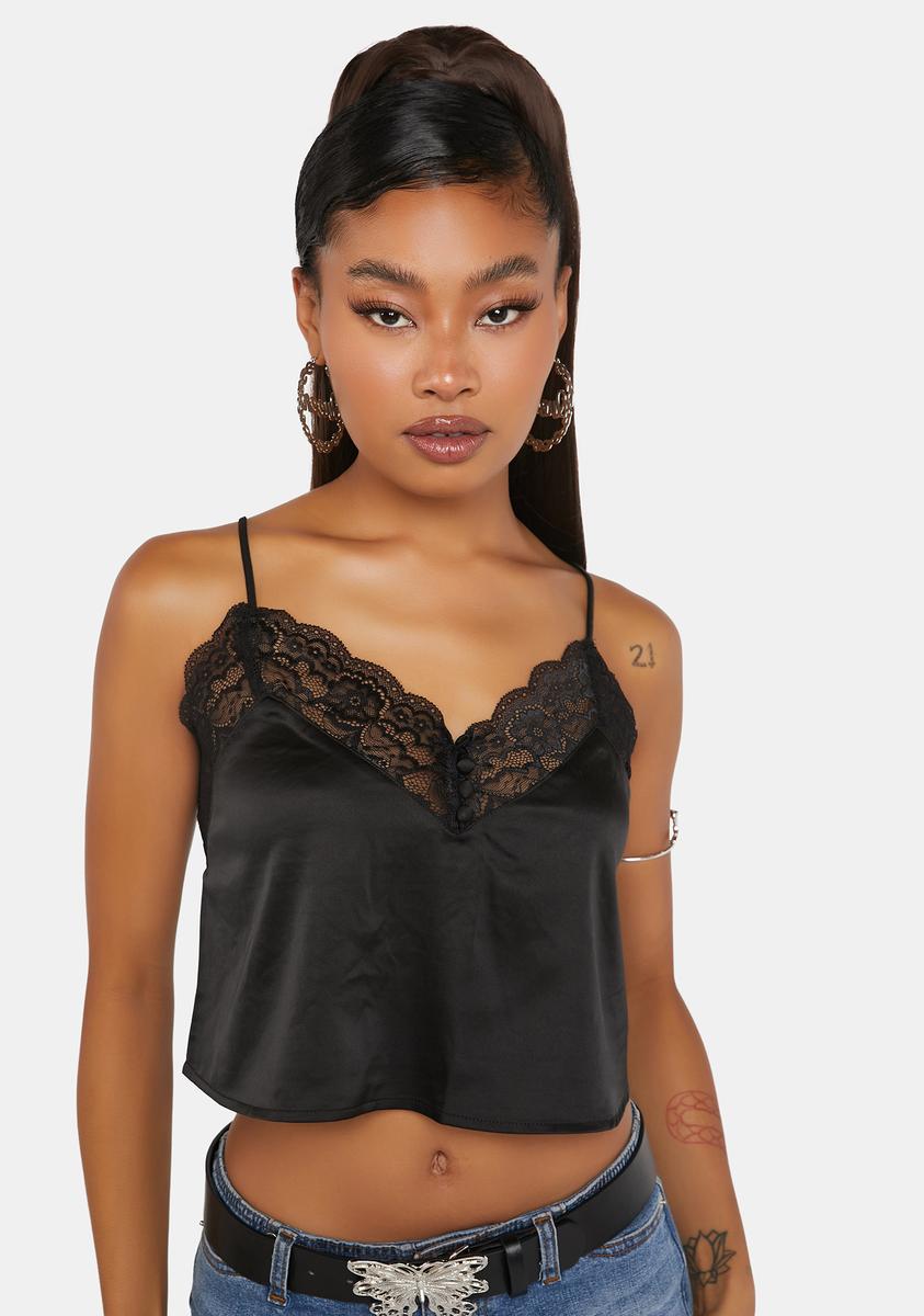 Satin Cami Crop Top With Lace Trim - Black