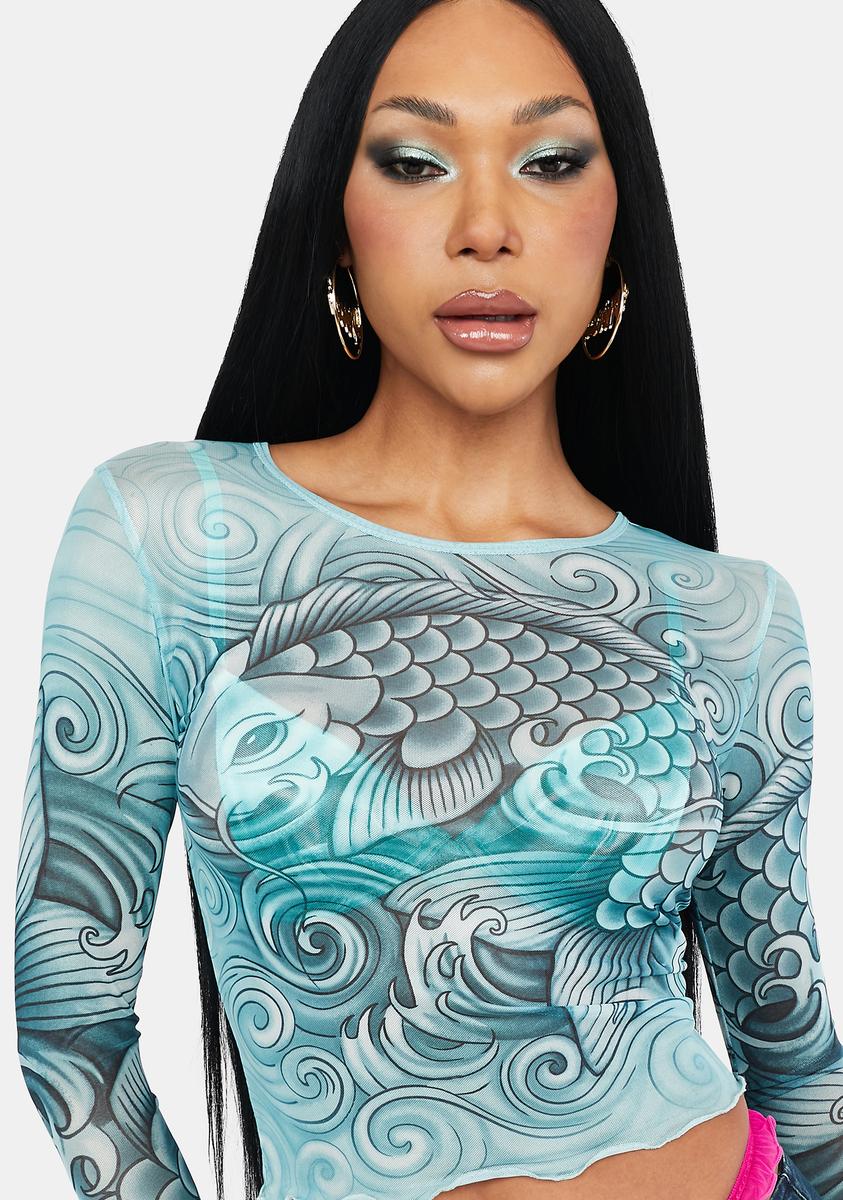 Horoscopez Pisces Graphic Sheer Long Sleeve Crop Top - Blue