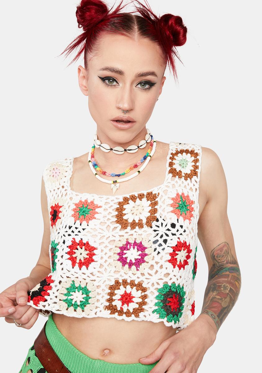 Crochet Floral Square Neck Crop Top Rainbow/White – Dolls Kill