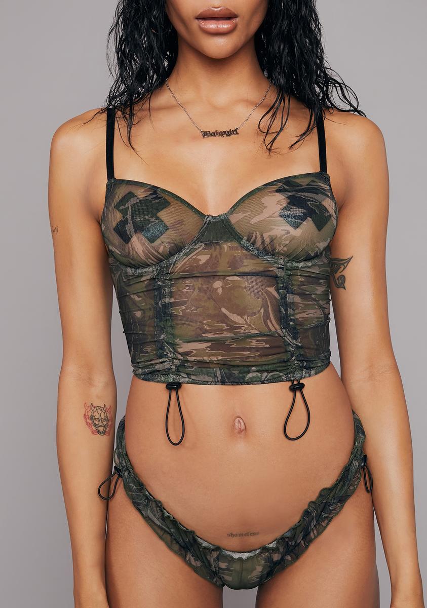 Poster Grl Sheer Mesh Ruched Bra Top And Panties Lingerie Set - Camo –  Dolls Kill