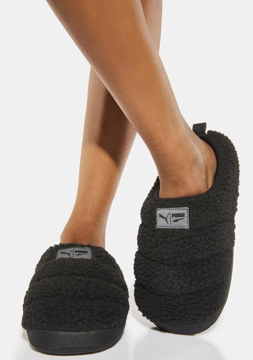 PUMA Faux Fur Shearling Slippers - Black – Dolls Kill