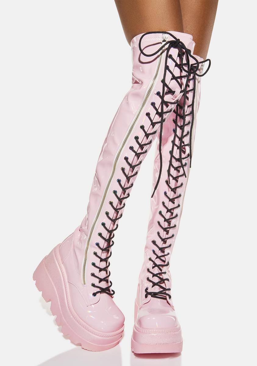 Demonia Wedge Platform Thigh High Boots Pink Holographic – Dolls