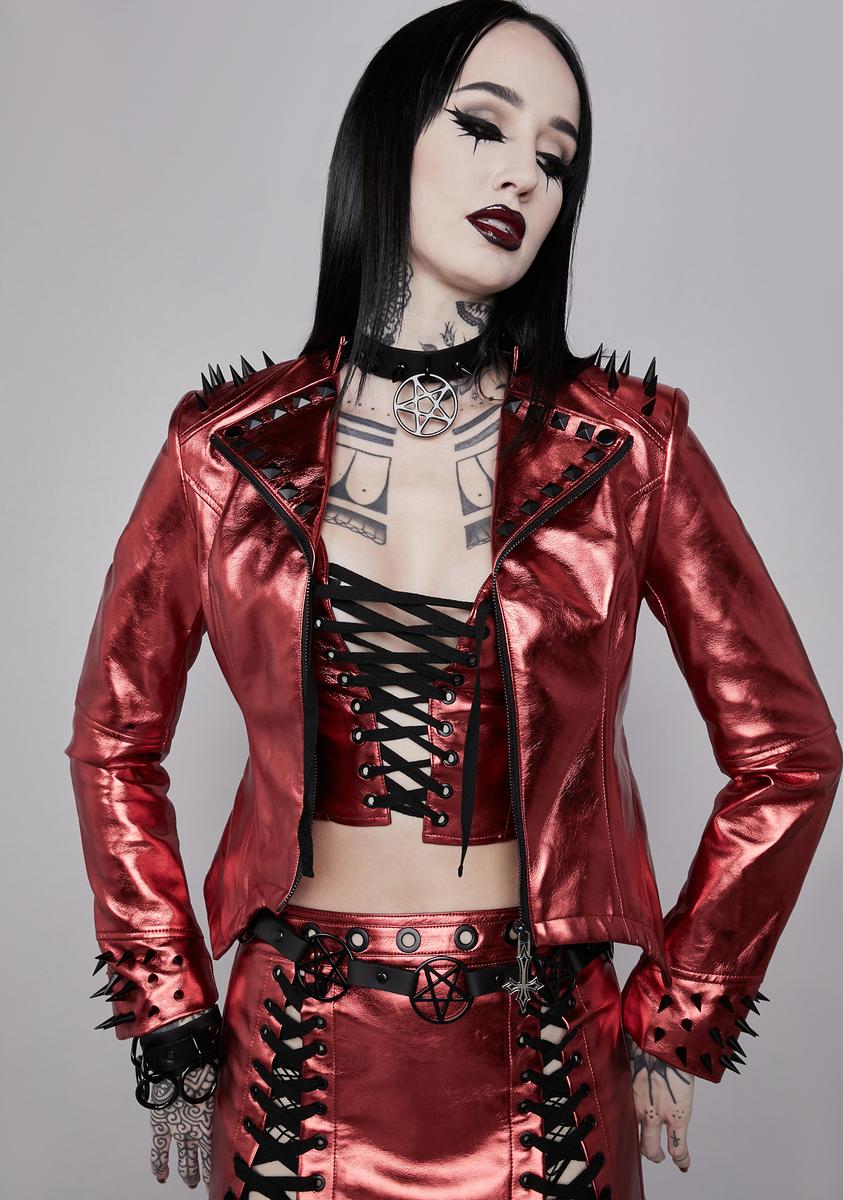 Widow Spiked Metallic Moto Jacket - Red – Dolls Kill