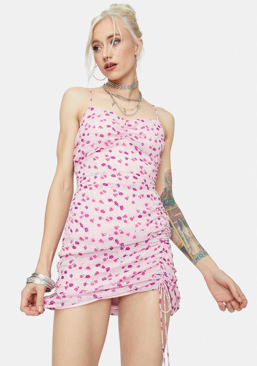 floral print ruched cami dress Floral Print Ruched Mesh Cami Dress
