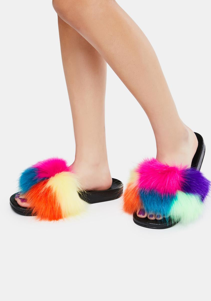Rainbow fluffy slides sales