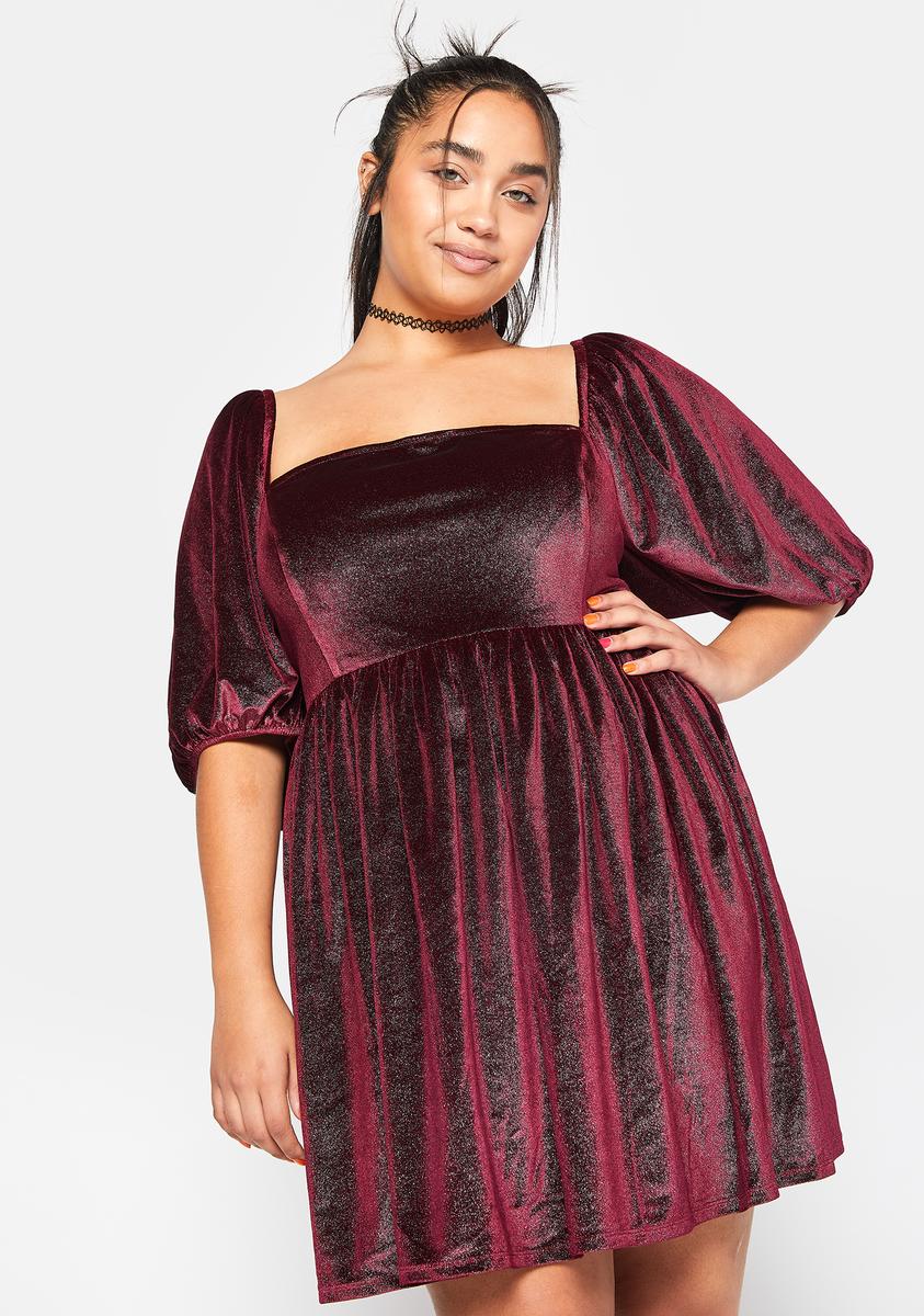 Plus Size Delia's Glitter Velour Puff Sleeve Babydoll Dress - Red Dolls Kill Plus Size Delia's Glitter Velour Puff Sleeve Babydoll Dress - Red Dolls Kill