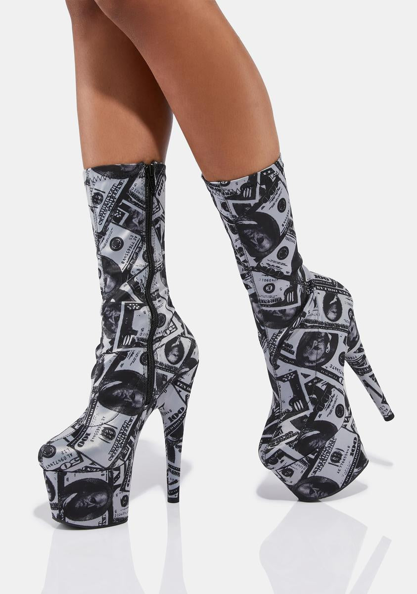 Pleaser Money Print Platform Stiletto Boots – Dolls Kill