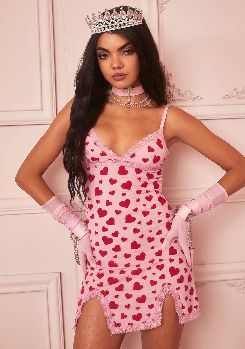 Sugar Thrillz Heart Print Lace Trim Slip Dress - Pink