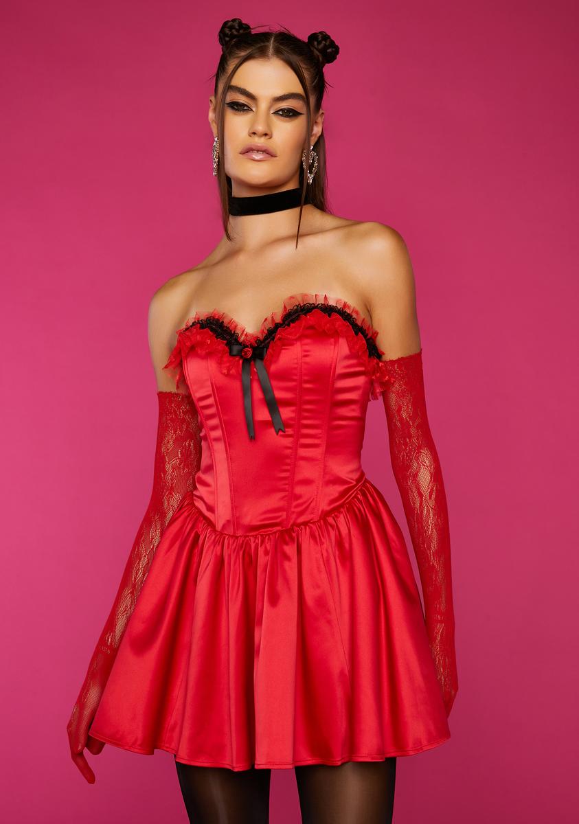 Sugar Thrillz Silky Corset Mini Dress & Gloves - Red
