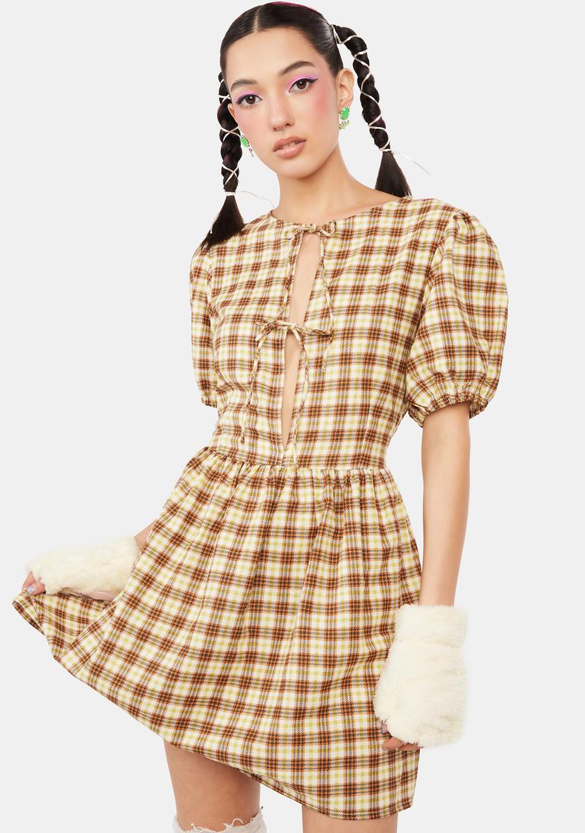 Motel Plaid Checkered Short Sleeve Mini Dress - Yellow Brown Check Dolls Kill Motel Plaid Checkered Short Sleeve Mini Dress - Yellow Brown Check Dolls Kill