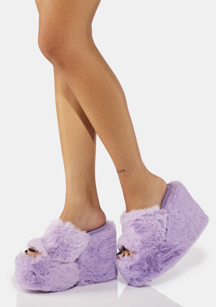 Footwear Purple Furry Heels YRU Faux Fur Platform Wedge Sandals
