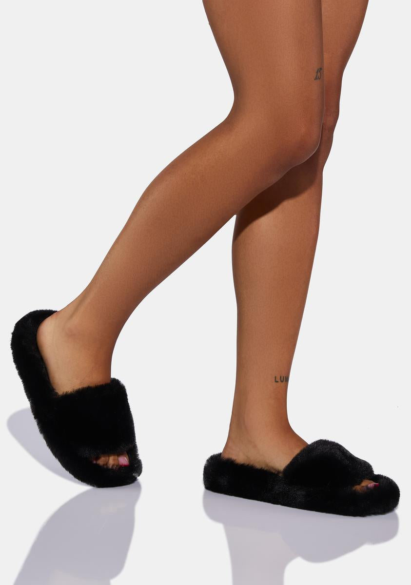 Faux Fur Fuzzy Slip On Slippers Black – Dolls Kill