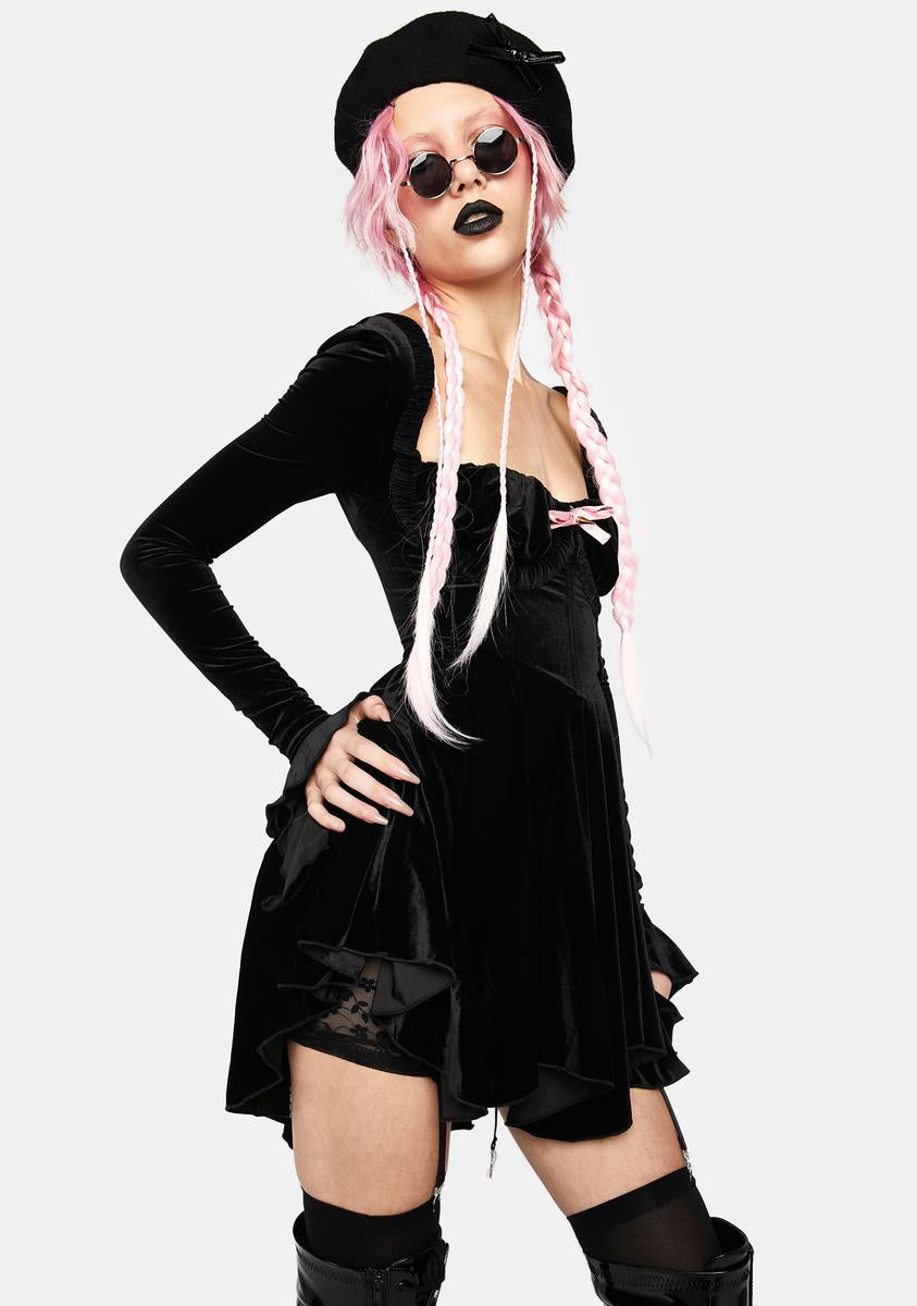 No Dress Velvet Bow Long Sleeve Mini Dress - Black Dolls Kill No Dress Velvet Bow Long Sleeve Mini Dress - Black Dolls Kill