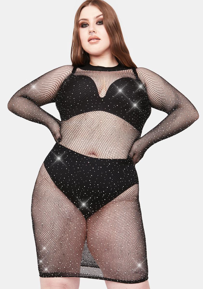 beaded fishnet dress Plus Size Rhinestone Fishnet Gloved Mini Dress