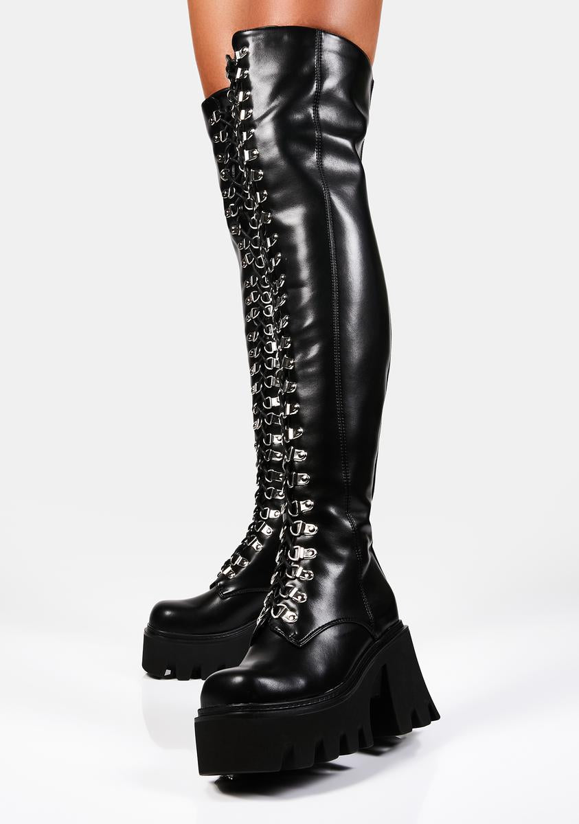 Thigh High High Chunky Black Boots Black PU Leather Chunky
