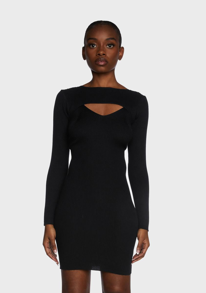 Knit Ribbed Cut Out Bodycon Dress - Black