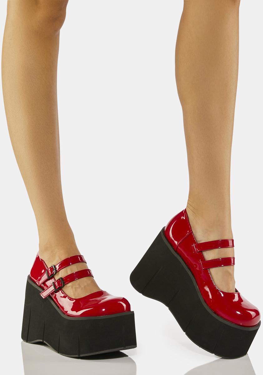 Demonia Kera 08 Platform Mary Janes Red Patent – Dolls Kill
